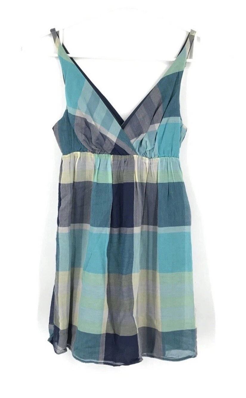 Old Navy Plaid Babydoll Mini Dress XL 2000’s A-Line Preppy 100% Cotton Blue